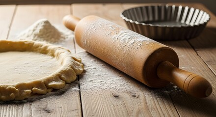 Rolling pin and pie crust on floured surface.