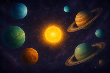 Solar System Illustration with Colorful Planets and Bright Sun on Starry Background