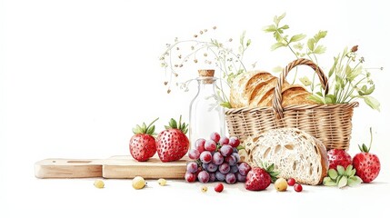 Fresh Berries and Bread on Rustic Wooden Table with Vibrant Greenery