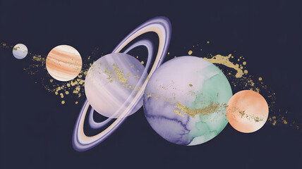 Stylized Solar System with Eight Planets and Bright Sun on Purple Space Background