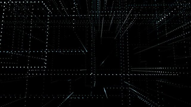 Intricate three dimensional digital grid constructed from glowing blue and white dots and lines extending into darkness creating a sense of depth and complex data structures in a futuristic