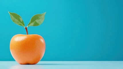 Vibrant Orange Apple with Leaves on a Bright Blue Background