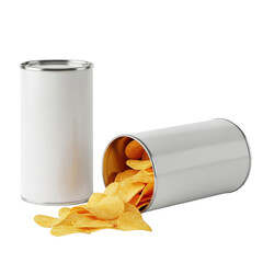 Two blank matte white snack chip cans with silver rims, one upright, one spilling golden potato chips, isolated on a transparent studio background. Concept for snack food packaging branding