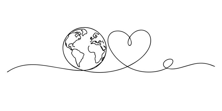 Continuous single line drawing showing a globe with visible continents connected to a heart shape, symbolizing global love, unity, and human connection.