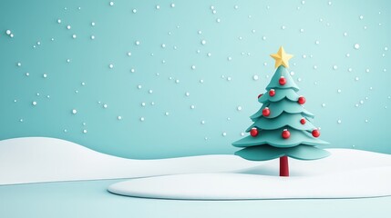 Festive 3D Christmas Tree with Snowflakes on Blue Background