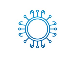 Circular blue circuit board-like design on a white background