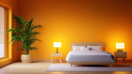Cozy Modern Bedroom with Orange Walls and Large Indoor Plant Decoration