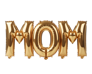 Golden shiny mom balloon letters isolated on transparent background