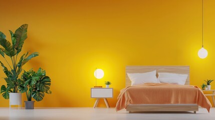 Cozy Bedroom with Green Plants and Bright Orange Accents in Modern Design