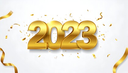 Gleaming gold "2023" against white with confetti and ribbons, celebrating a new year