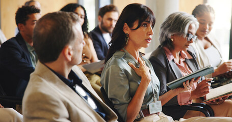 Business woman, tablet and convention with group for corporate training, explain or respond at...