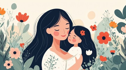 Heartwarming Illustration of a Mother Embracing Her Child in Floral Setting
