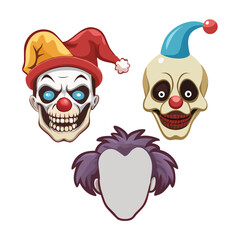 Scary clown vector character set of creepy circus heads including jester skull and sad mime face for halloween mascot or sticker design elements.
