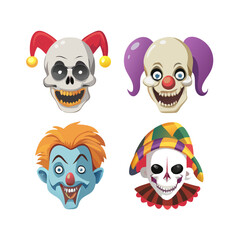 Scary clown vector character set of creepy circus heads including jester skull and sad mime face for halloween mascot or sticker design elements.

