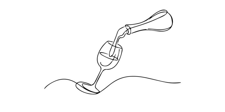 Continuous single line drawing of wine being poured from a bottle into a glass, symbolizing celebration, elegance, fine dining, and modern minimalist lifestyle.