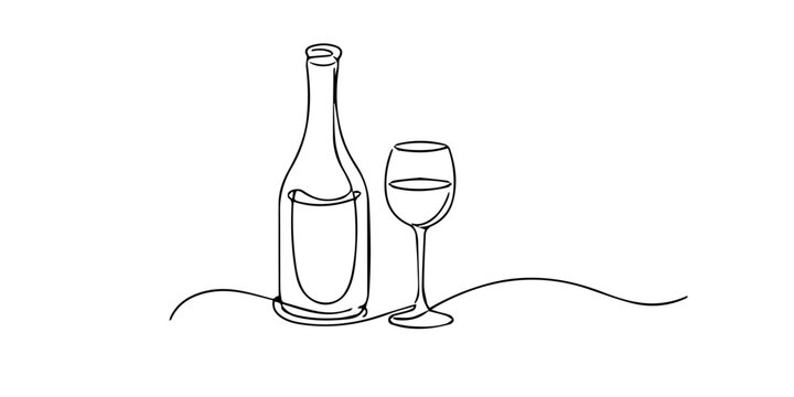 Continuous single line drawing of a wine bottle and a filled wine glass on a flowing line, symbolizing elegant dining, celebration, and modern minimal style.
