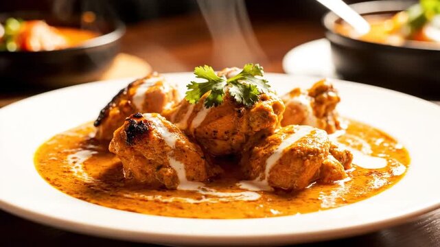 Juicy chicken in a rich curry,plated on white with cilantro garnish;bowls steam softly inbackground