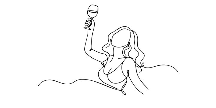 Continuous single line drawing of a woman holding a wine glass, expressing elegance, relaxation, celebration, and modern lifestyle in a minimalist style