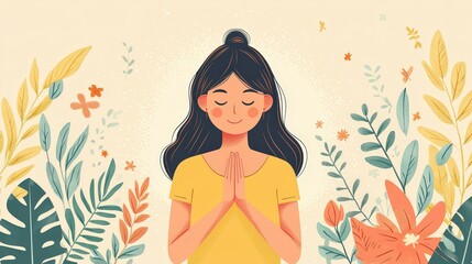 Calm and Peaceful Woman with Hands Together Surrounded by Floral Elements