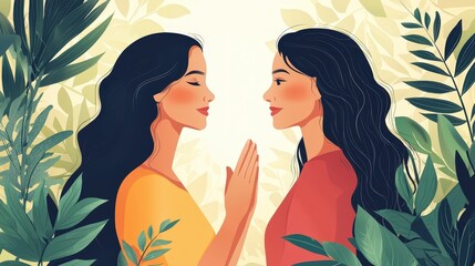 Serene Connection Between Two Women Surrounded by Lush Greenery
