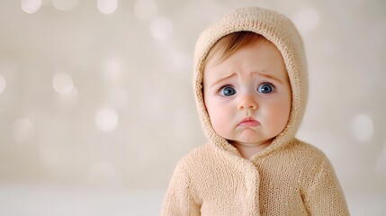 Adorable baby with blue eyes and sad expression in cozy sweater attire