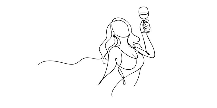 Continuous single line drawing of a woman holding a wine glass, expressing elegance, relaxation, celebration, and modern lifestyle in a minimalist style