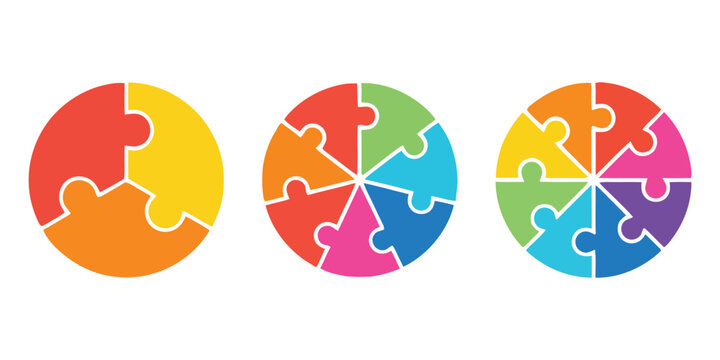 Colorful Puzzle Circle Infographic Set with 3, 6 and 8 Pieces &ndash; Business Diagram Illustration