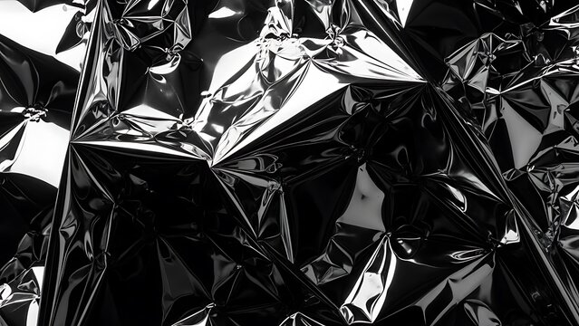 Wrinkled metallic foil surface in deep black chrome color