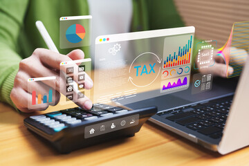 AI-powered tax analytics and fintech accounting dashboard concept with calculator, laptop, and digital data visualization. Automated tax reporting, e-filing, and financial intelligence.