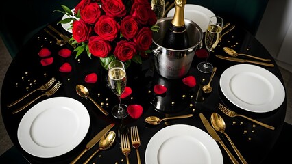Romantic dinner setting with champagne, red roses, and gold cutlery on a dark table.