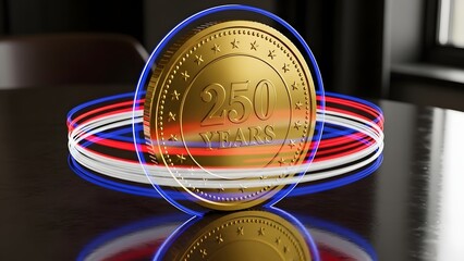 Gold coin with 250 years text surrounded by red white and blue neon light rings on dark table