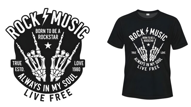 Rock music skeleton hand t-shirt graphic