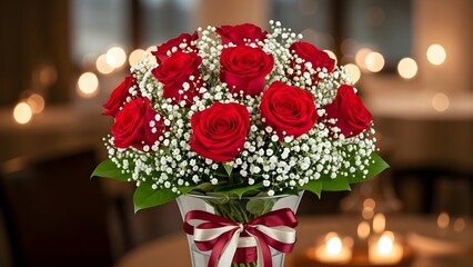 Beautiful bouquet of red roses and baby&rsquo;s breath arranged in a vase with soft candlelight background.