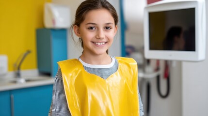 Child patient wearing a lead apron during a dental x-ray in a colorful, child-friendly clinic 