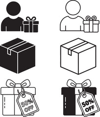 Shopping, delivery, and discount 6 icon set featuring users, gift boxes, and shipping parcels. © Yousha Jajan