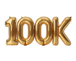 Golden balloons forming 100k isolated on transparent background