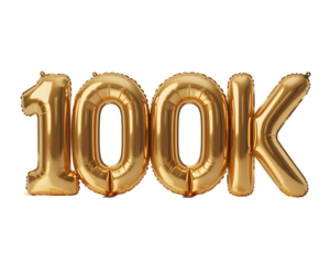 Golden balloons forming 100k isolated on transparent background