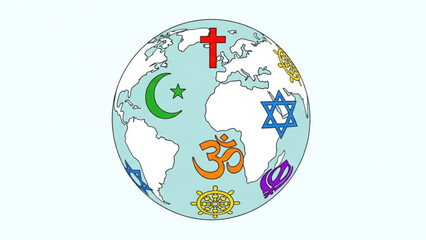 A colorful vector graphic of the Earth with various religious symbols