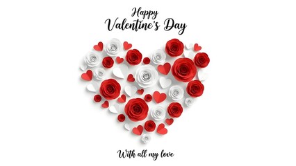 Beautiful heart shape made of red and white paper roses with Valentine&rsquo;s Day greeting text.