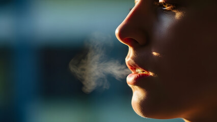 Close up profile of a person exhaling visible steam or breath in cold weather sunlight