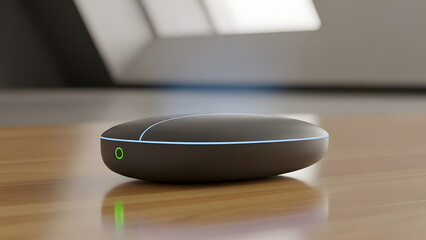 A sleek black oval smart gadget with a glowing blue line and green power indicator on a wooden surface