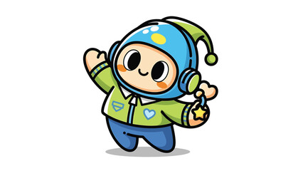 Adorable Astronaut Cartoon Character with Star Charm and Waving Hand.