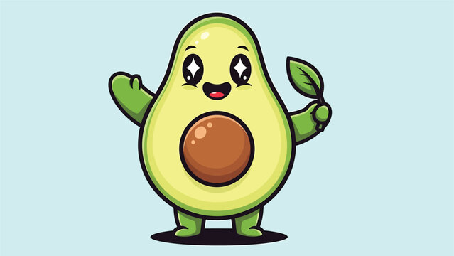 Adorable Avocado Character Waving and Holding a Leaf.