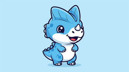 Obraz premium Adorable Blue Baby Triceratops Cartoon Character Illustration on Light Blue.