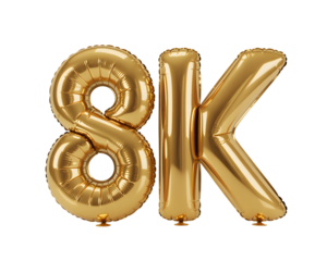 Golden 8k balloons isolated on transparent background