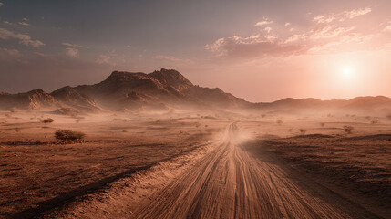 A dusty road through a desert landscape with mountains in the distance and a radiant sun shining brightly