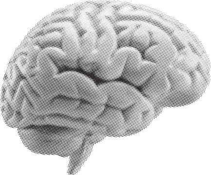 Halftone human brain illustration representing intelligence, thought, and mental processes.