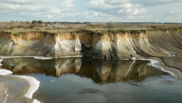 High resolution 4K aerial close up footage of clay cliffs near the hyperhaline estuary of Kuyalnik Odessa Ukraine highlighting unique geological formations textures coastal environment 