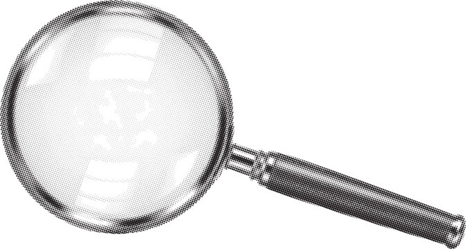 Detailed black and white illustration of a classic magnifying glass with a subtle map reflection in half tone dot style.