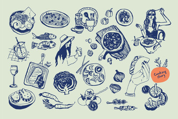 Hand Drawn Illustrations of Foods Utensils and Dining Scenes.